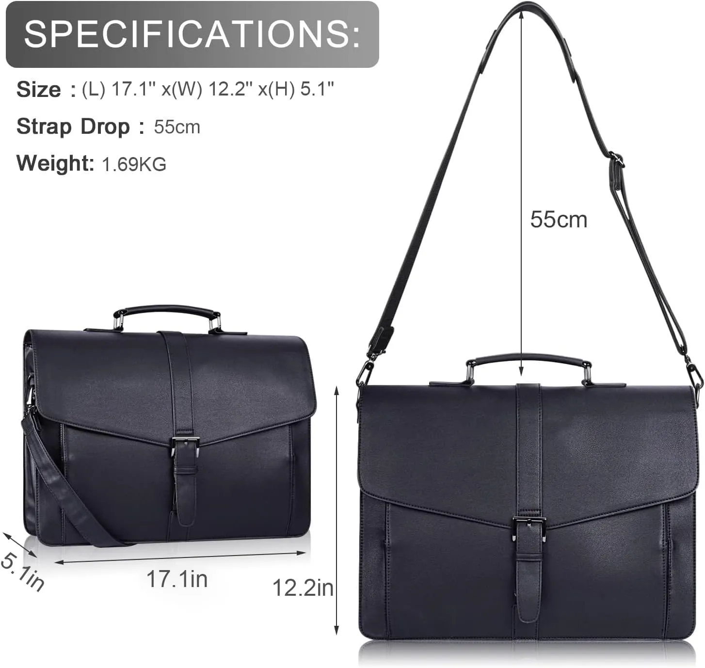 ESTARER Men's Leather Briefcase 17.3 Inch Laptop Computer Bag for Office/Business/Travel, Large Satchel Professional Leather Messenger Shoulder Bag, Black