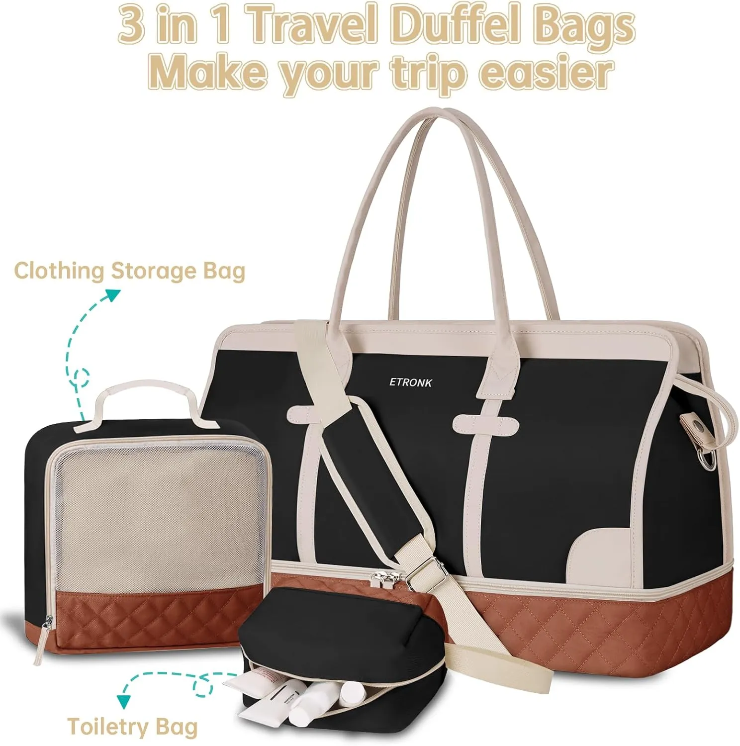 ETRONIK Weekender Overnight Bag for Women, Large Travel Duffle Bag with Shoe Compartment & Wet Pocket, Carry On Tote Bag Gym Duffel Bag with Toiletry Bag, 3 Pcs Set, Large Size, Beigeblack-Brown