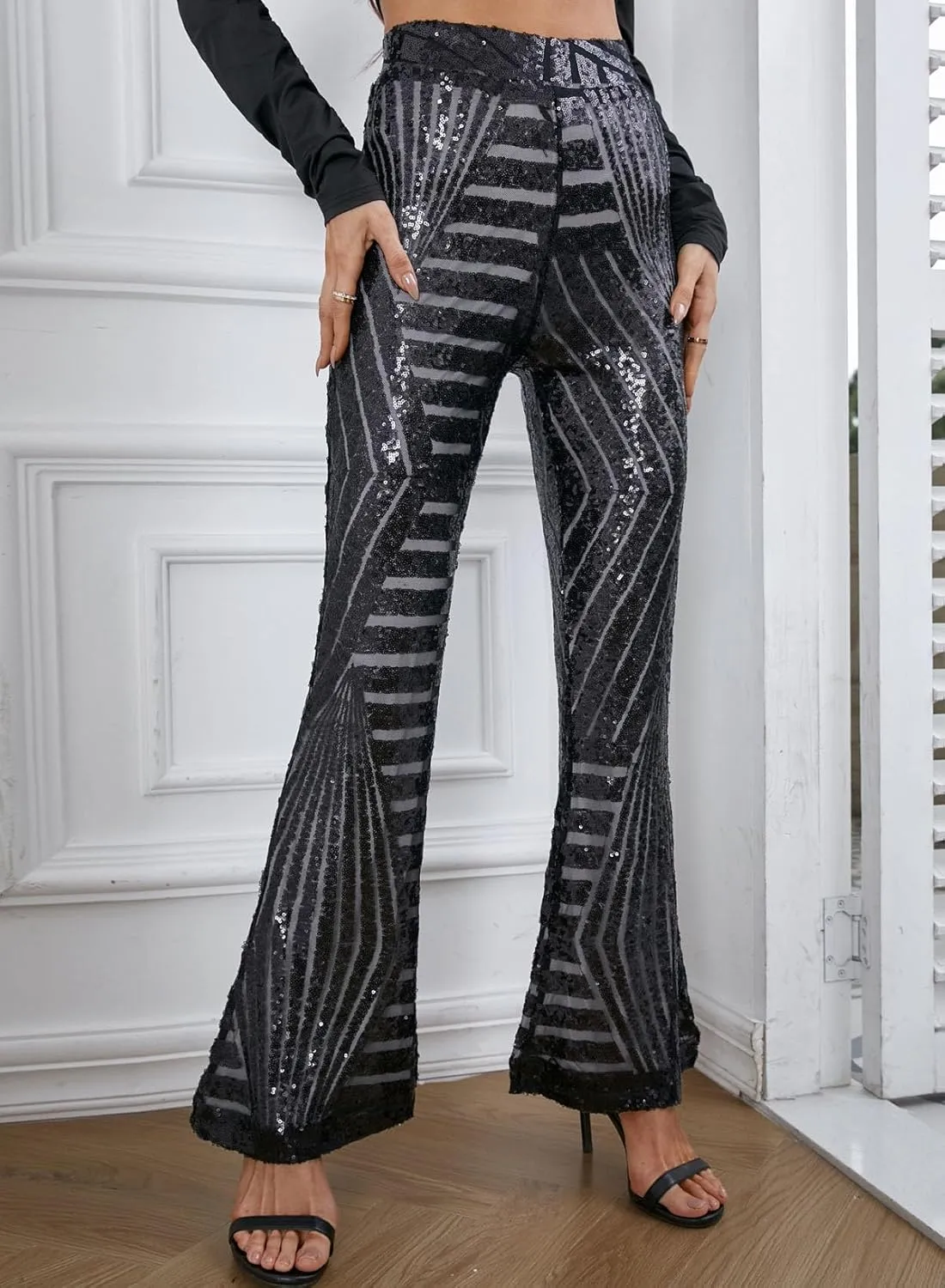 EVALESS Women Sequin Pants Sparkly Glitter High Waisted Wide Leg Flare Trousers Bell Bottom Night Out Clubwear