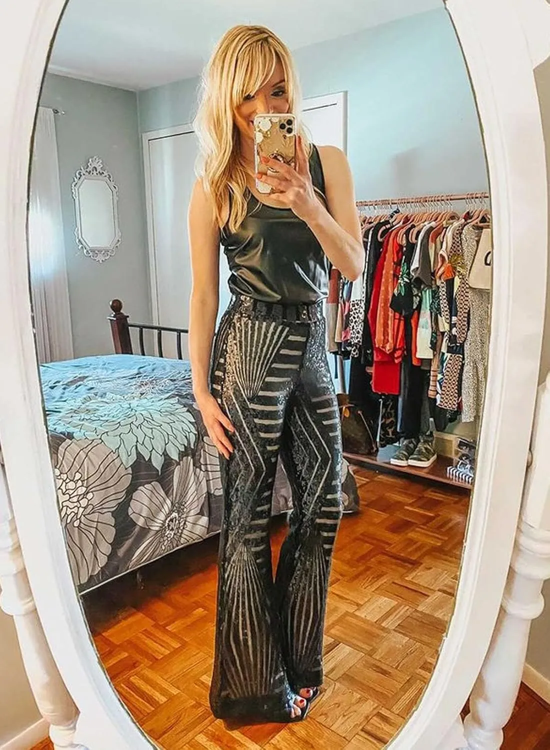 EVALESS Women Sequin Pants Sparkly Glitter High Waisted Wide Leg Flare Trousers Bell Bottom Night Out Clubwear