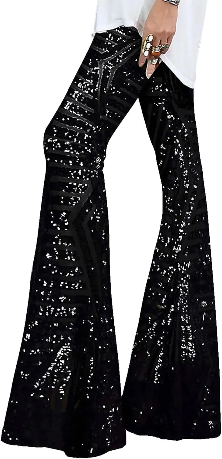 EVALESS Women Sequin Pants Sparkly Glitter High Waisted Wide Leg Flare Trousers Bell Bottom Night Out Clubwear