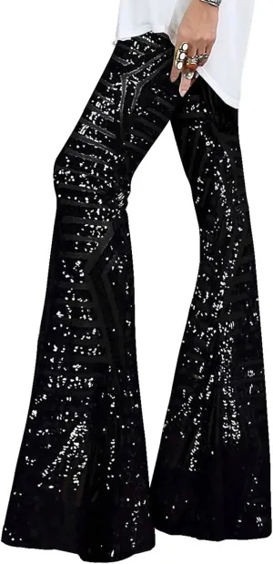EVALESS Women Sequin Pants Sparkly Glitter High Waisted Wide Leg Flare Trousers Bell Bottom Night Out Clubwear