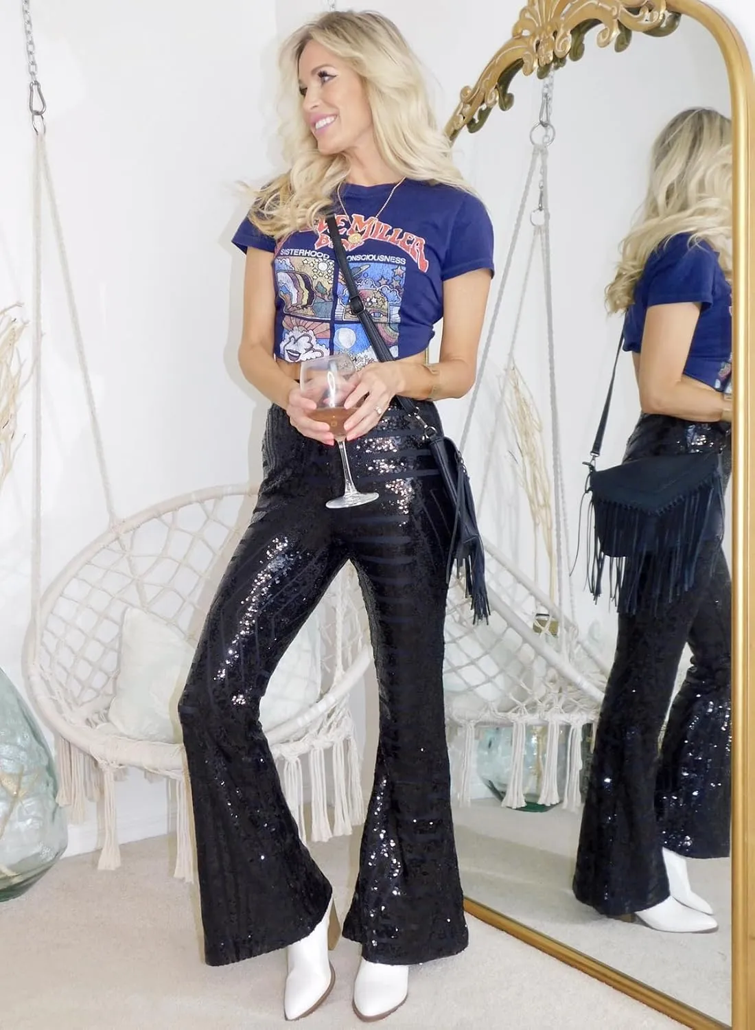 EVALESS Women Sequin Pants Sparkly Glitter High Waisted Wide Leg Flare Trousers Bell Bottom Night Out Clubwear