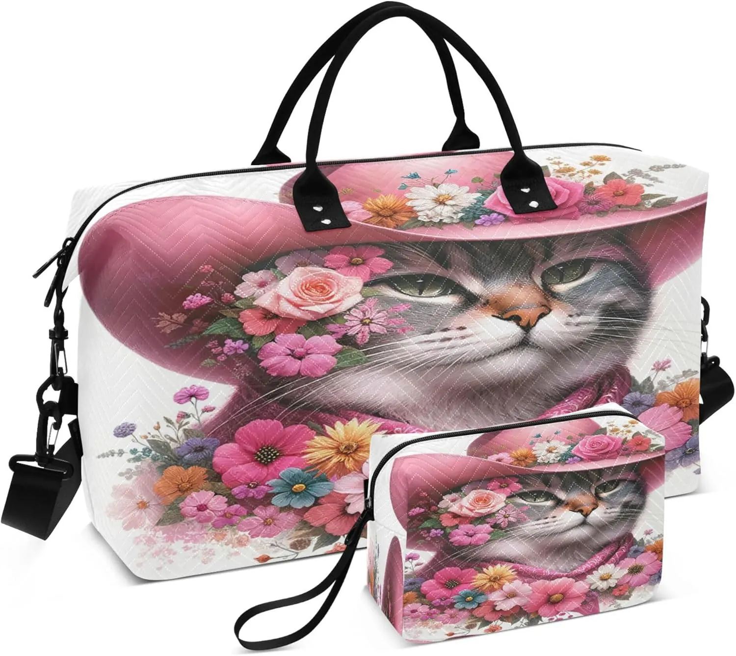 Exnundod Cowgirl Cat Pink Flowers Travel Duffel Bags for Women Floral Artistic Sports Gym Bag Weekender Carry On Tote Overnight Luggage Duffle Bags