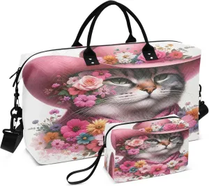 Exnundod Cowgirl Cat Pink Flowers Travel Duffel Bags for Women Floral Artistic Sports Gym Bag Weekender Carry On Tote Overnight Luggage Duffle Bags