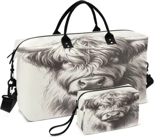 Exnundod Scottish Highland Cow Travel Duffel Bags for Women Pencil Sketch Sports Gym Bag Weekender Carry On Tote Overnight Luggage Duffle Bags