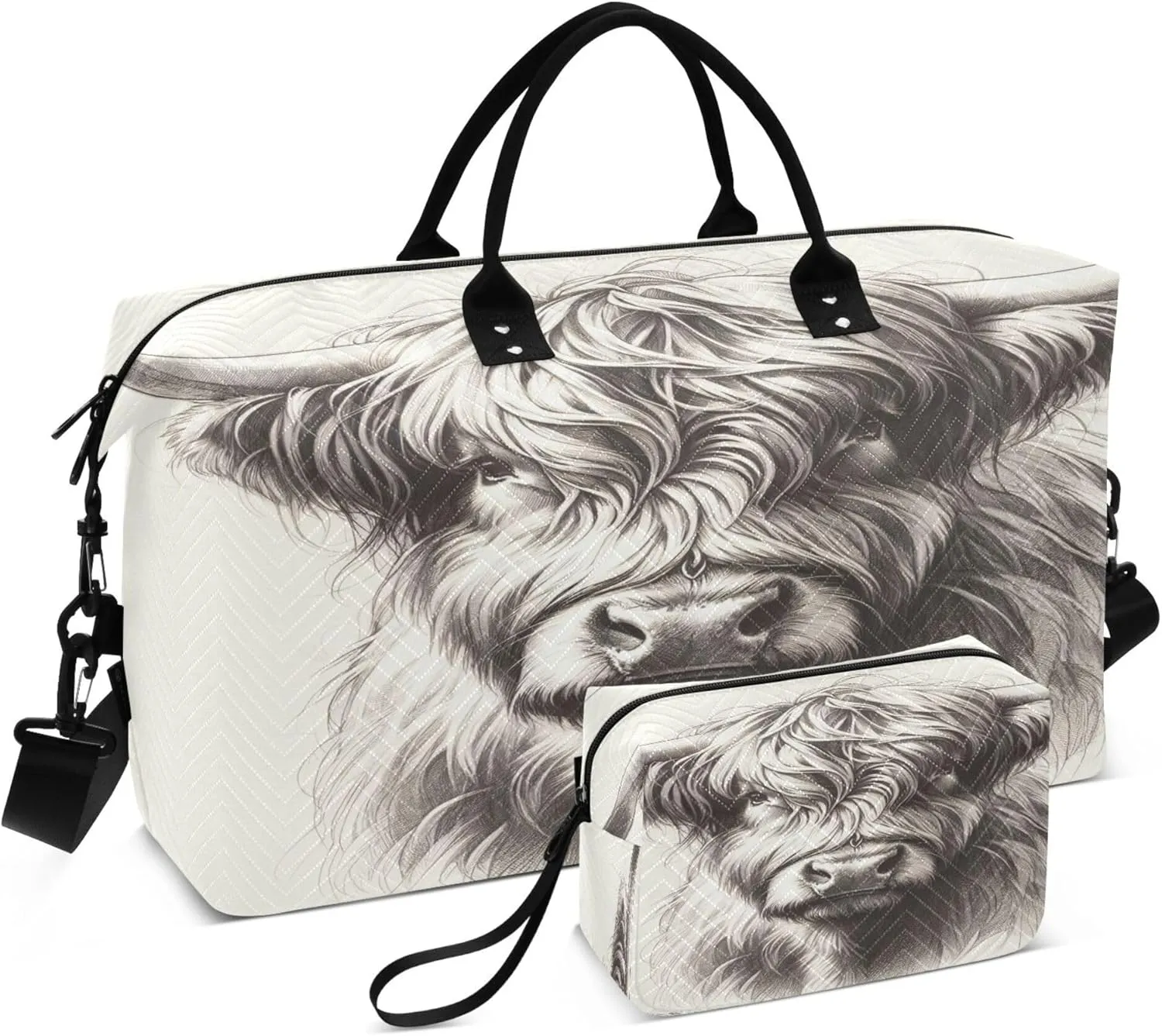Exnundod Scottish Highland Cow Travel Duffel Bags for Women Pencil Sketch Sports Gym Bag Weekender Carry On Tote Overnight Luggage Duffle Bags