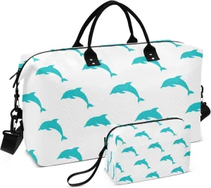 Exnundod Seamless Pattern Dolphin Travel Duffel Bags for Women Cute Animal Sports Gym Bag Weekender Carry On Tote Overnight Luggage Duffle Bags