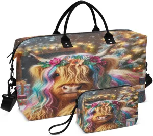 Exnundod Women Weekender Bags Christmas Hippie Highland Cow Travel Duffel Bags Carry On Overnight Bag Large Hospital Tote Luggage