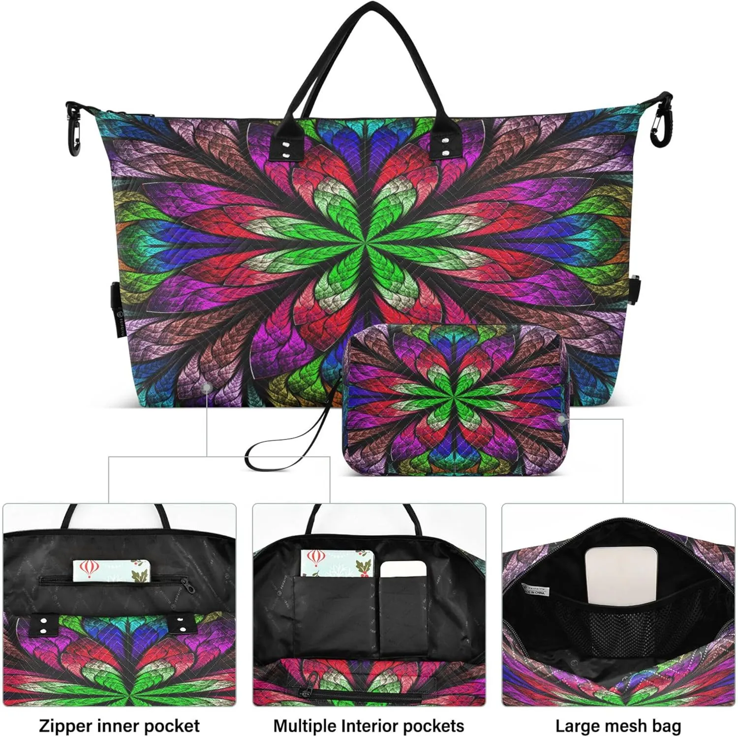 Exnundod Women Weekender Bags Magic Floral Leaves Travel Duffel Bags Carry On Overnight Bag Colorful Large Hospital Tote Luggage