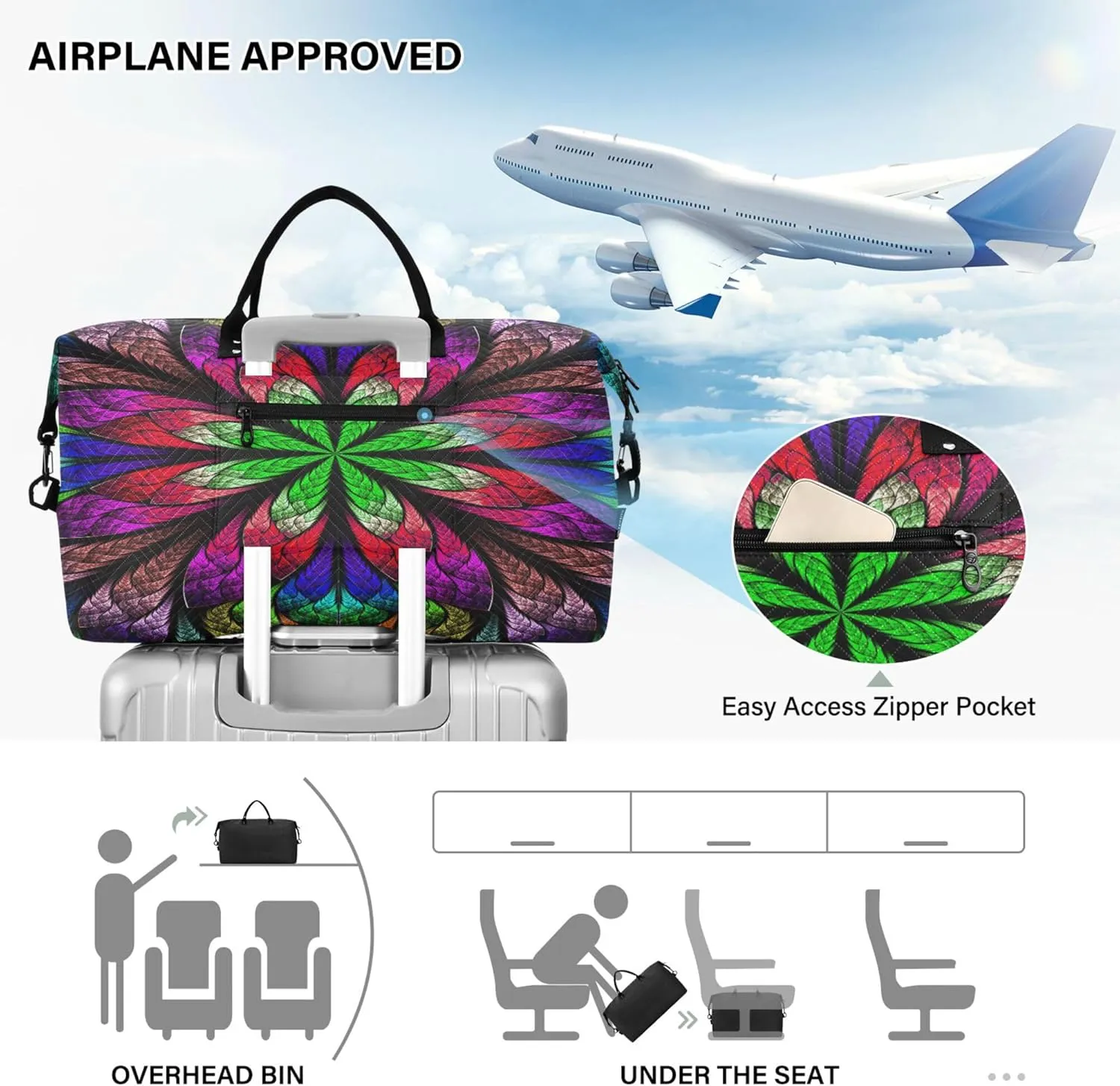 Exnundod Women Weekender Bags Magic Floral Leaves Travel Duffel Bags Carry On Overnight Bag Colorful Large Hospital Tote Luggage