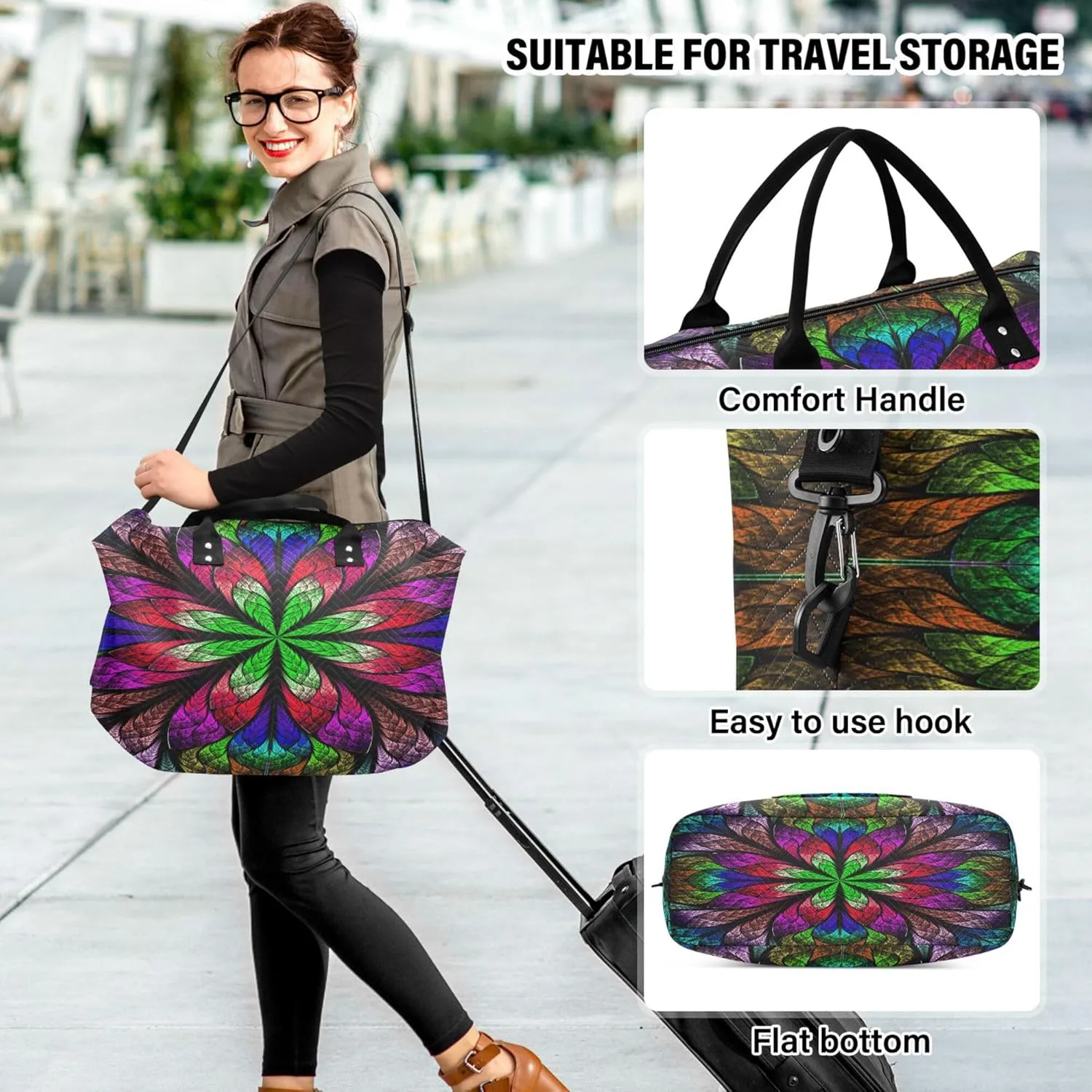 Exnundod Women Weekender Bags Magic Floral Leaves Travel Duffel Bags Carry On Overnight Bag Colorful Large Hospital Tote Luggage