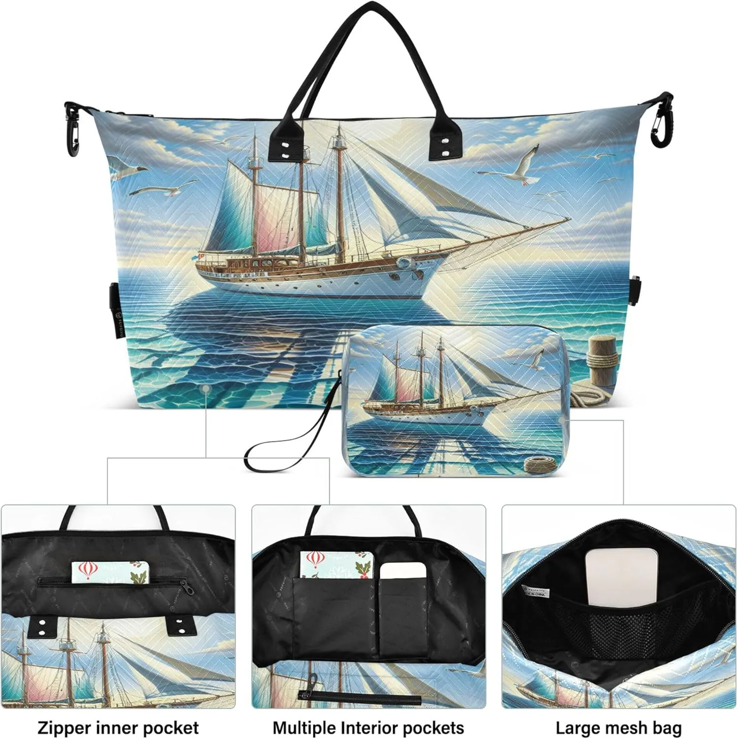 Exnundod Women Weekender Bags Sea Sailboat Seagull Travel Duffel Bags Carry On Overnight Bag Large Hospital Tote Luggage