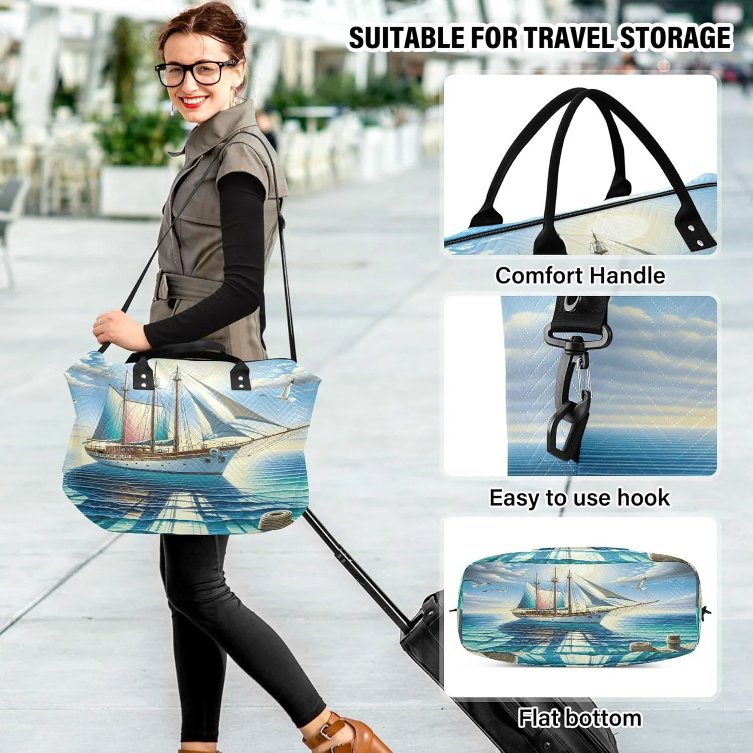 Exnundod Women Weekender Bags Sea Sailboat Seagull Travel Duffel Bags Carry On Overnight Bag Large Hospital Tote Luggage