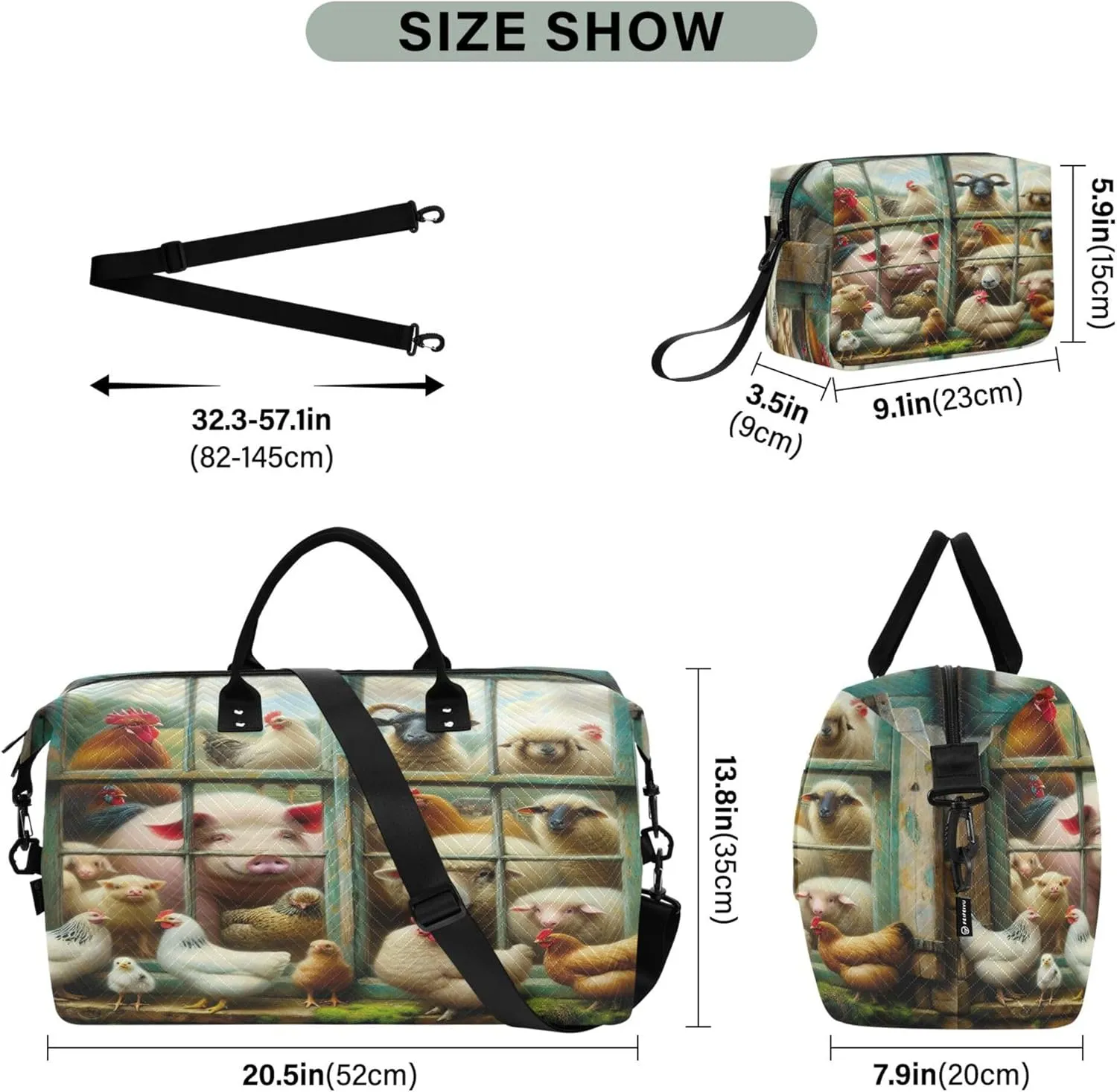 Exnundod Women Weekender Bags Vintage Window Farm Livestock Travel Duffel Bags Carry On Overnight Bag Sheep Cock Pig Large Hospital Tote Luggage