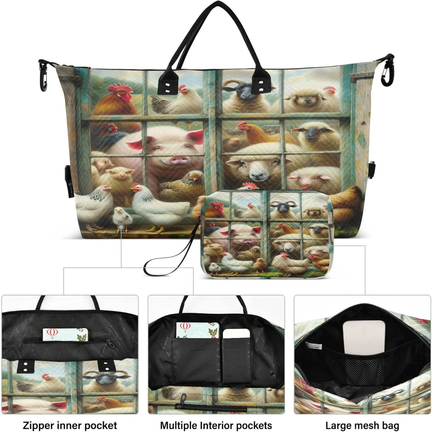 Exnundod Women Weekender Bags Vintage Window Farm Livestock Travel Duffel Bags Carry On Overnight Bag Sheep Cock Pig Large Hospital Tote Luggage
