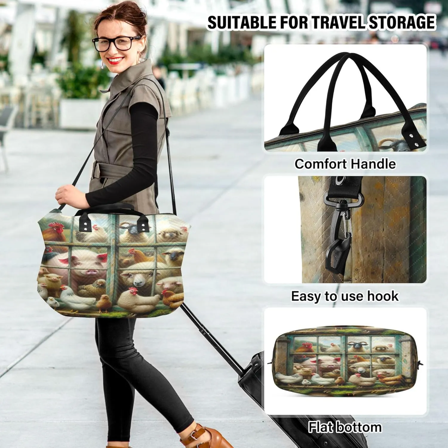 Exnundod Women Weekender Bags Vintage Window Farm Livestock Travel Duffel Bags Carry On Overnight Bag Sheep Cock Pig Large Hospital Tote Luggage