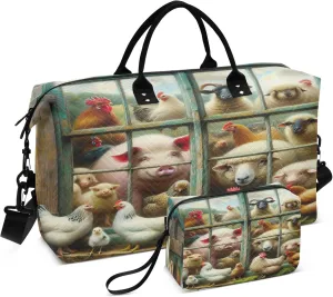 Exnundod Women Weekender Bags Vintage Window Farm Livestock Travel Duffel Bags Carry On Overnight Bag Sheep Cock Pig Large Hospital Tote Luggage