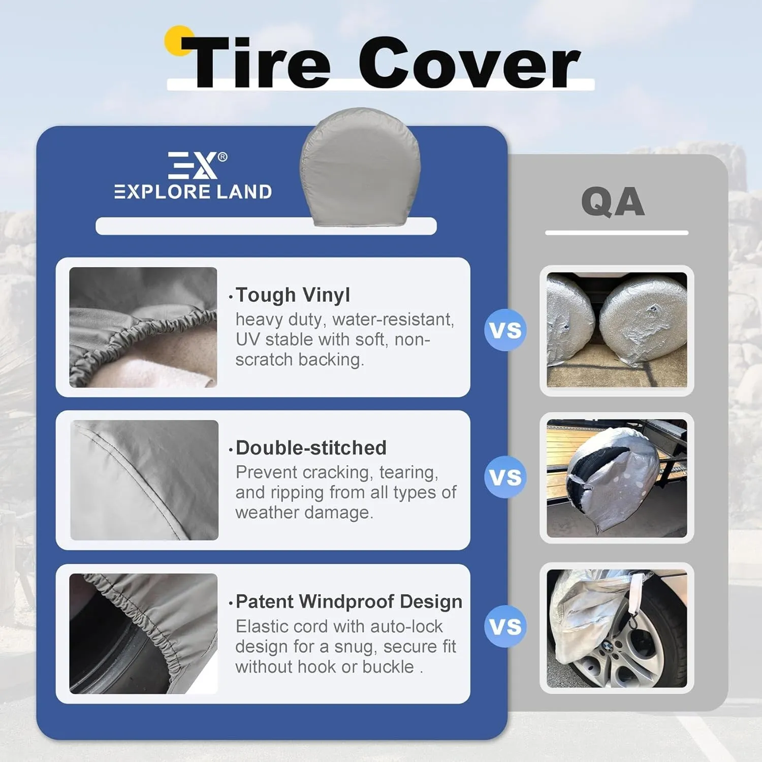 Explore Land Tire Covers 4 Pack - Tough Wheel Protector for Truck, SUV, Trailer, Camper, RV Universal Fits Tire Diameters 23-25.75 inches, Charcoal
