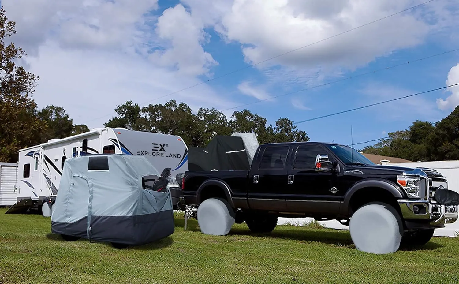 Explore Land Tire Covers 4 Pack - Tough Wheel Protector for Truck, SUV, Trailer, Camper, RV Universal Fits Tire Diameters 23-25.75 inches, Charcoal