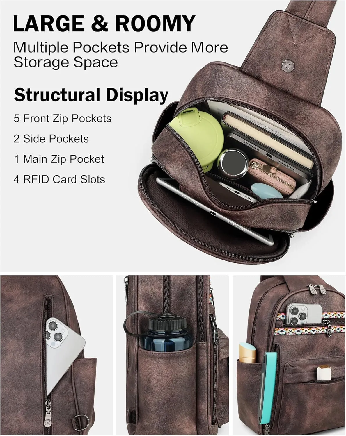 FADEON Sling Bag for Women Large Crossbody Purse Sling Backpack PU Leather Designer Anti Theft Sling Bags 4 RFID Card Slot