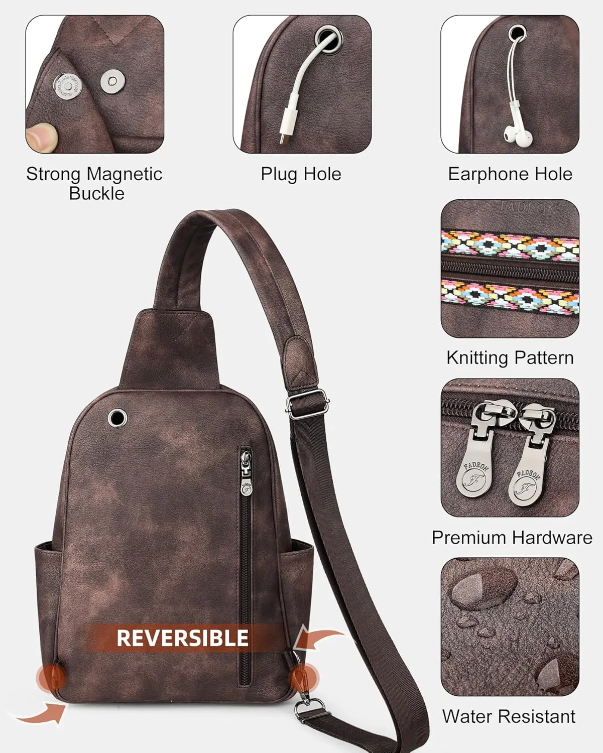 FADEON Sling Bag for Women Large Crossbody Purse Sling Backpack PU Leather Designer Anti Theft Sling Bags 4 RFID Card Slot