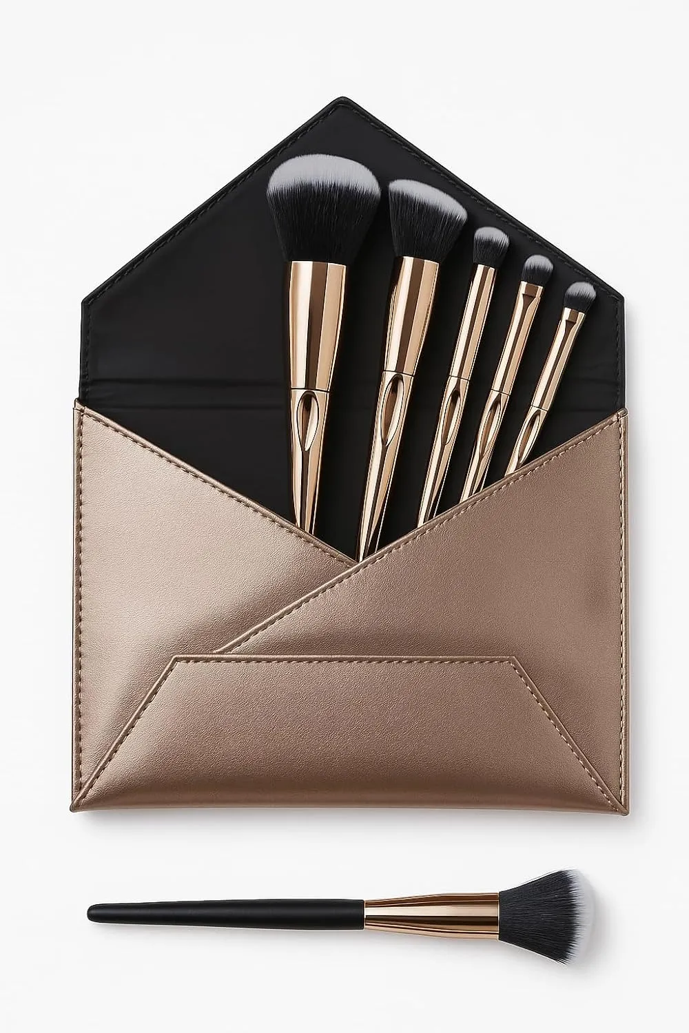 F.A.R.A.H. Gold Collection Brush Set - 6-Piece Makeup Brush Set with Travel Pouch - 100% Vegan, Synthetic Bristles, Brass Ferrule