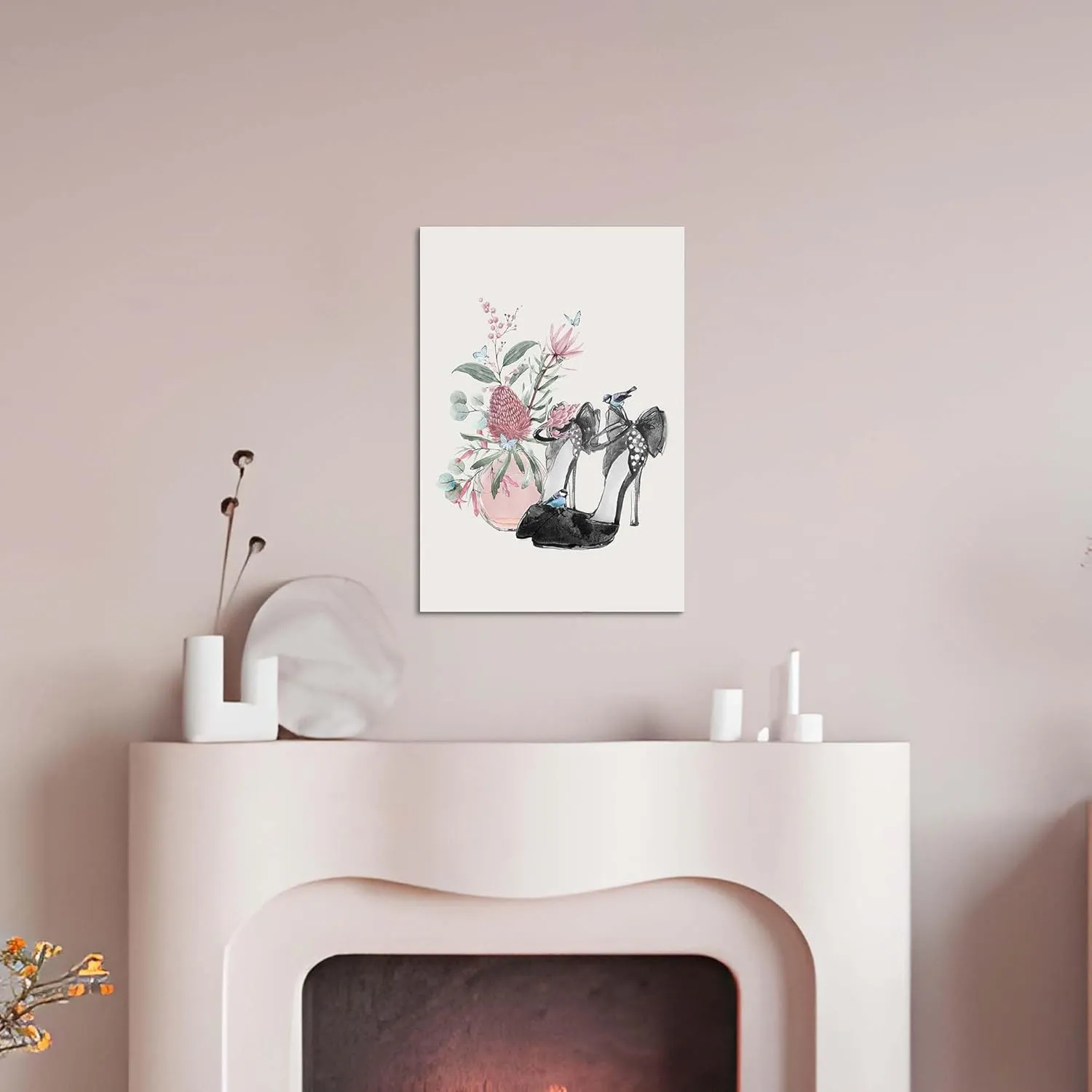 Fashion Picture Canvas Wall Art: Perfume High Heels Painting Print Decor Pink Flower Photography Artwork for Bedroom Women Girls Makeup Room Bathroom