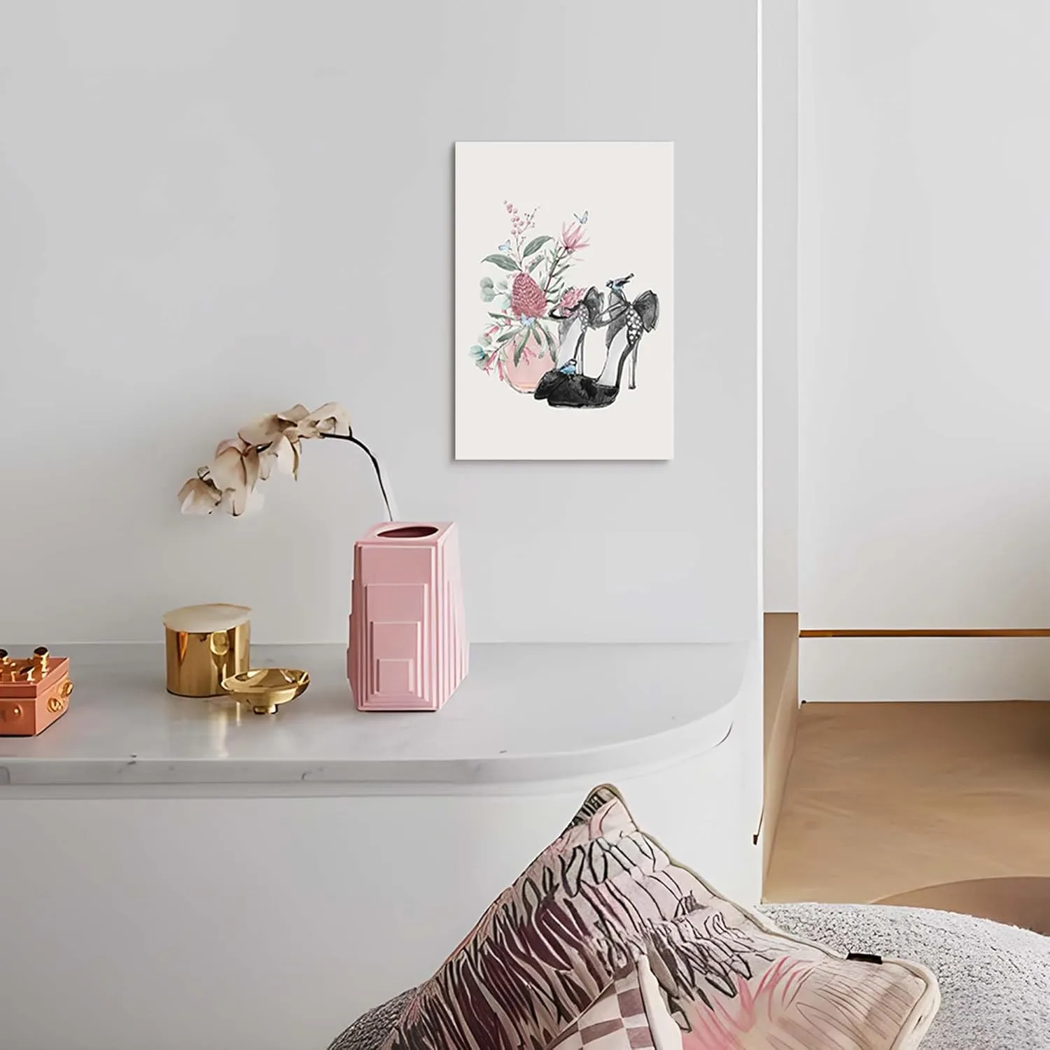 Fashion Picture Canvas Wall Art: Perfume High Heels Painting Print Decor Pink Flower Photography Artwork for Bedroom Women Girls Makeup Room Bathroom