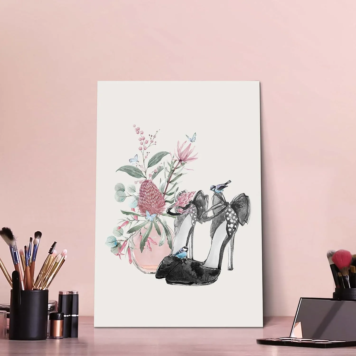 Fashion Picture Canvas Wall Art: Perfume High Heels Painting Print Decor Pink Flower Photography Artwork for Bedroom Women Girls Makeup Room Bathroom