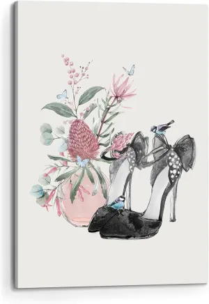 Fashion Picture Canvas Wall Art: Perfume High Heels Painting Print Decor Pink Flower Photography Artwork for Bedroom Women Girls Makeup Room Bathroom