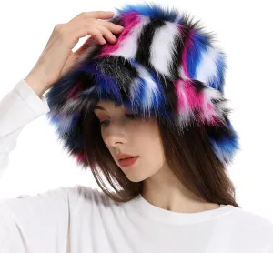 Faux Fur Bucket Hats Winter Warm Wide Brim Fisherman Cap for Women Fluffy Fuzzy Bucket Hat