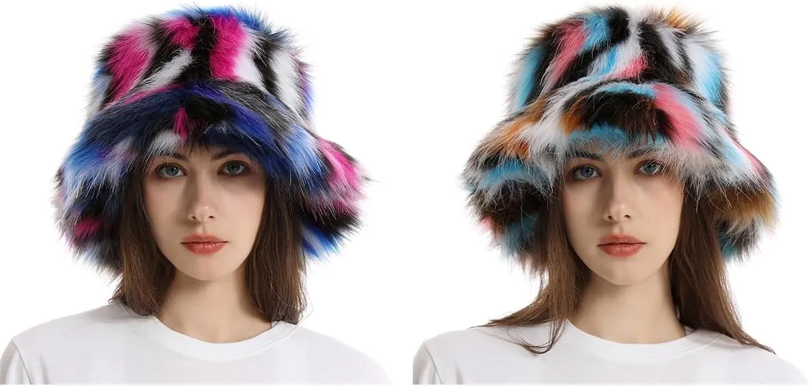 Faux Fur Bucket Hats Winter Warm Wide Brim Fisherman Cap for Women Fluffy Fuzzy Bucket Hat