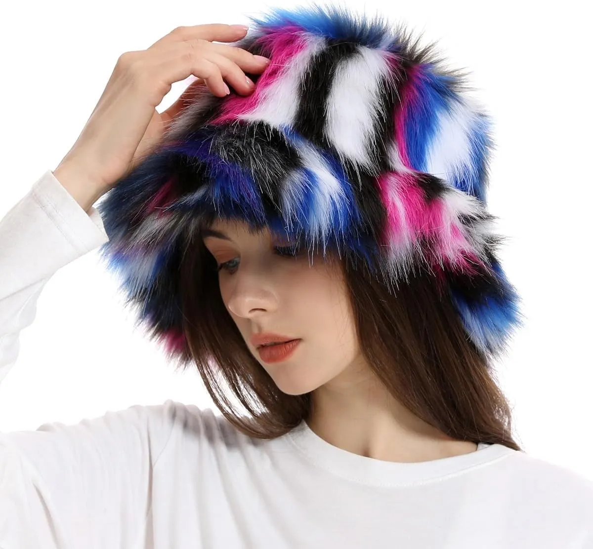 Faux Fur Bucket Hats Winter Warm Wide Brim Fisherman Cap for Women Fluffy Fuzzy Bucket Hat