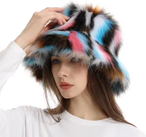 Faux Fur Bucket Hats Winter Warm Wide Brim Fisherman Cap for Women Fluffy Fuzzy Bucket Hat