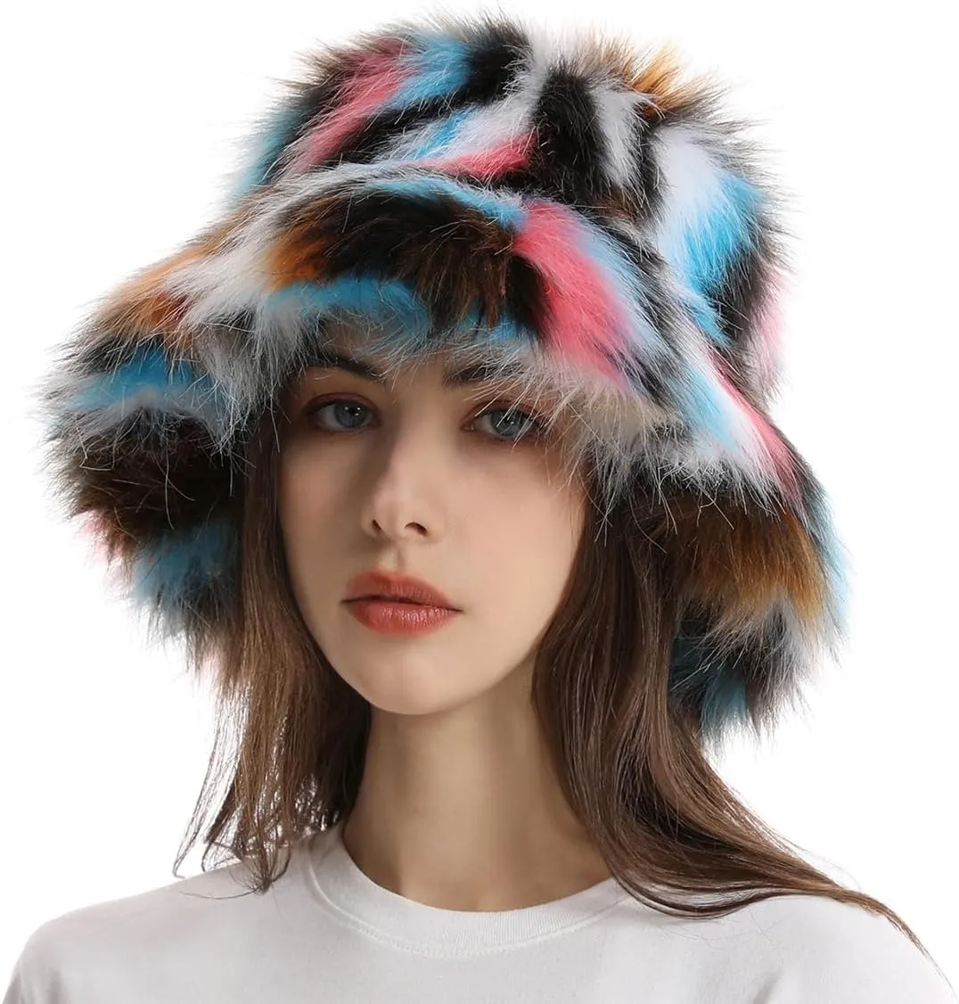 Faux Fur Bucket Hats Winter Warm Wide Brim Fisherman Cap for Women Fluffy Fuzzy Bucket Hat