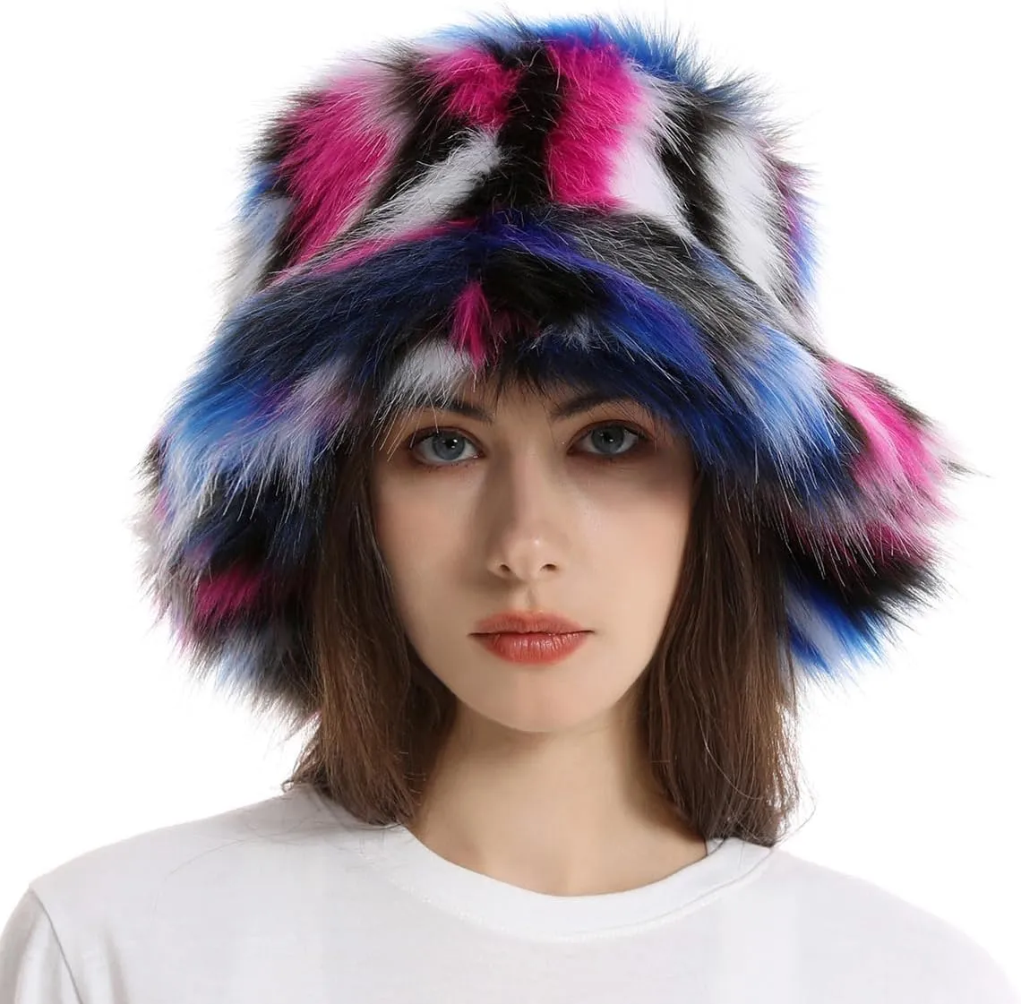 Faux Fur Bucket Hats Winter Warm Wide Brim Fisherman Cap for Women Fluffy Fuzzy Bucket Hat