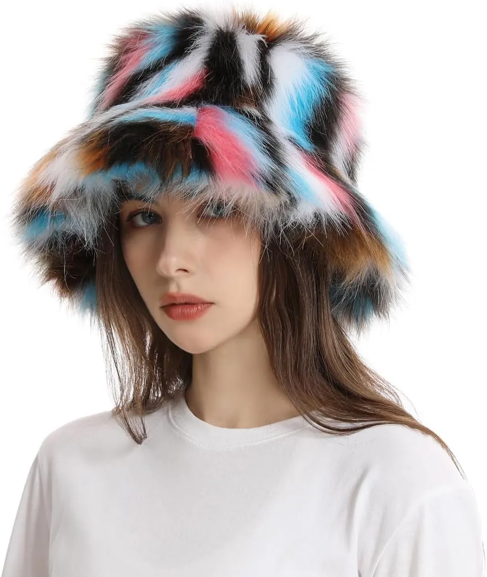 Faux Fur Bucket Hats Winter Warm Wide Brim Fisherman Cap for Women Fluffy Fuzzy Bucket Hat