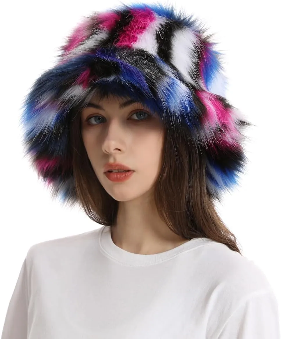 Faux Fur Bucket Hats Winter Warm Wide Brim Fisherman Cap for Women Fluffy Fuzzy Bucket Hat