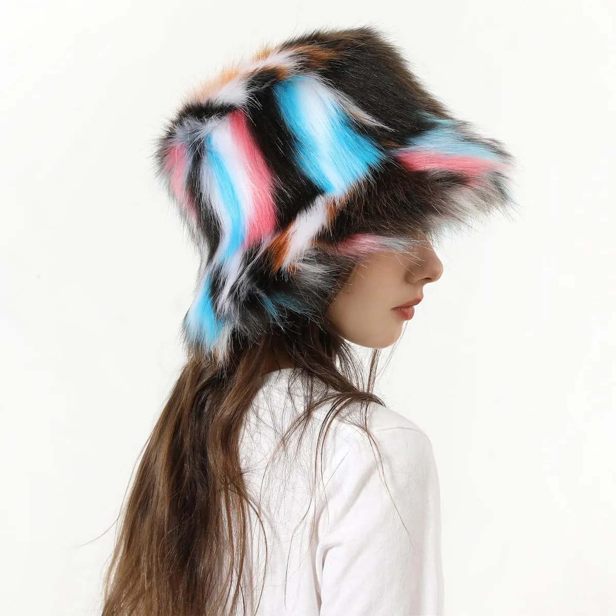 Faux Fur Bucket Hats Winter Warm Wide Brim Fisherman Cap for Women Fluffy Fuzzy Bucket Hat