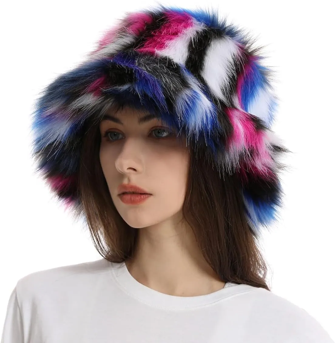 Faux Fur Bucket Hats Winter Warm Wide Brim Fisherman Cap for Women Fluffy Fuzzy Bucket Hat