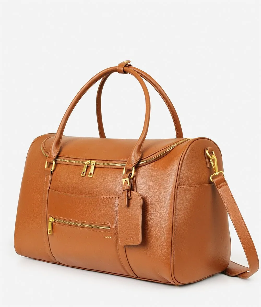 FAWN DESIGN The Weekender Bag, Bundle of Travel Bags for Women with 1 Airplane Carryon Bag and 2 Makeup Cosmetic Bags, Premium Matte Faux Leather Duffle Bag for Travel, Brown