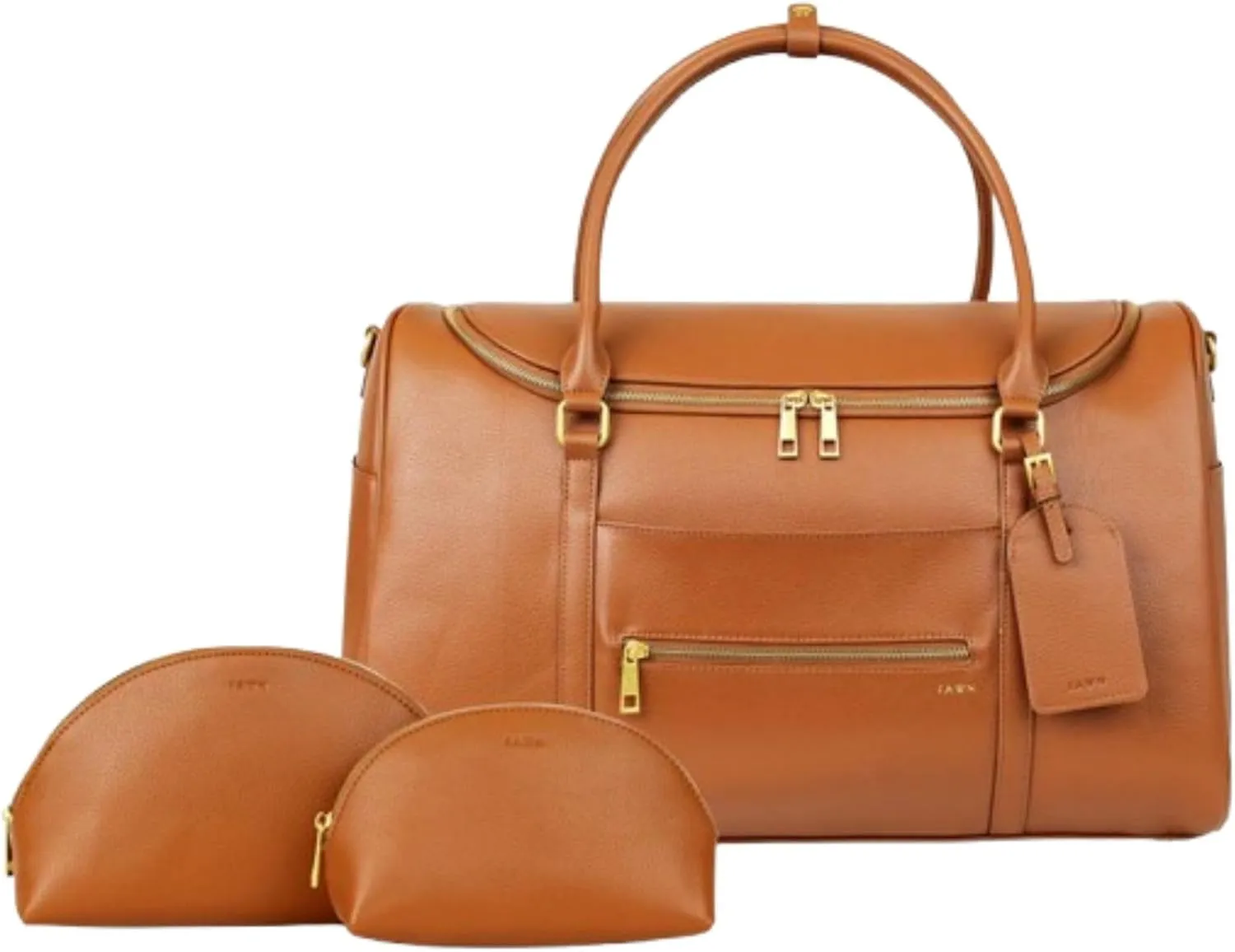 FAWN DESIGN The Weekender Bag, Bundle of Travel Bags for Women with 1 Airplane Carryon Bag and 2 Makeup Cosmetic Bags, Premium Matte Faux Leather Duffle Bag for Travel, Brown
