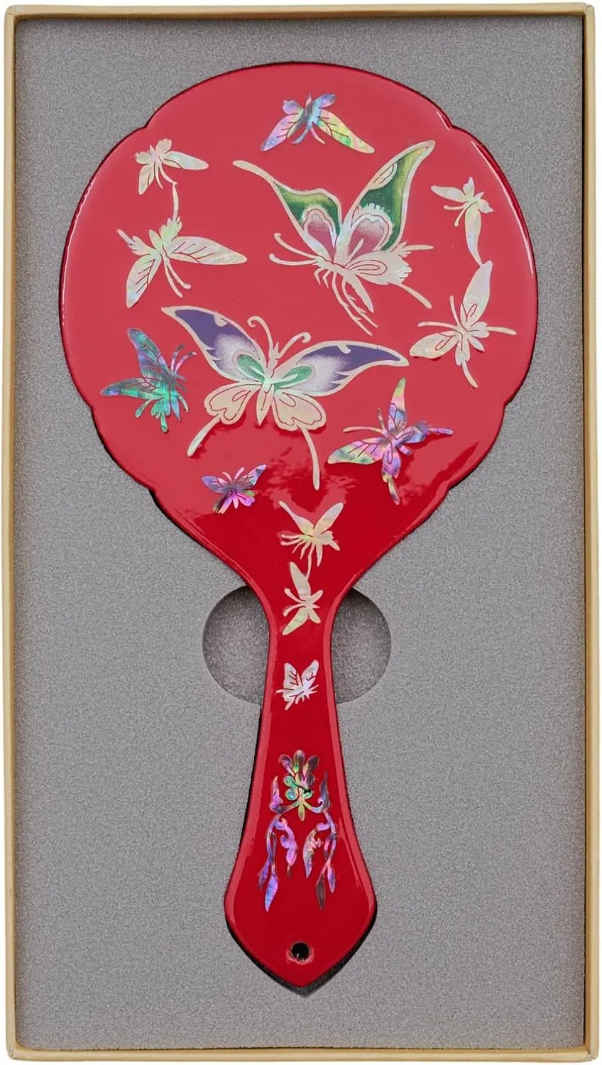 February Mountain Handcrafted Korean Mother-of-Pearl Hand Mirror - Lacquered Flower and Butterfly Design, Elegant Makeup Vanity Mirror (Flower-Black) (Butterfly-Red)