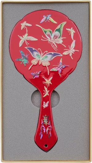 February Mountain Handcrafted Korean Mother-of-Pearl Hand Mirror - Lacquered Flower and Butterfly Design, Elegant Makeup Vanity Mirror (Flower-Black) (Butterfly-Red)