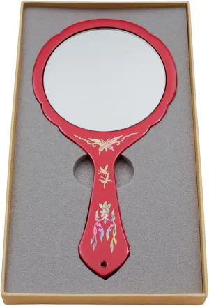 February Mountain Handcrafted Korean Mother-of-Pearl Hand Mirror - Lacquered Flower and Butterfly Design, Elegant Makeup Vanity Mirror (Flower-Red)