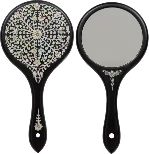 February Mountain Mother-of-Pearl Hand Mirror – Korean Black Lacquer Mirror with Floral Inlay – Gift for Women, Mom, Wife, Daughter – Birthday, Mother’s Day, Christmas, Anniversary