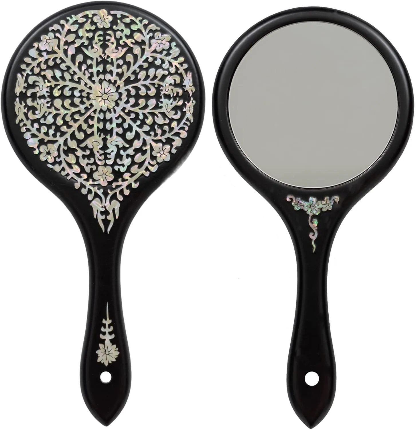 February Mountain Mother-of-Pearl Hand Mirror – Korean Black Lacquer Mirror with Floral Inlay – Gift for Women, Mom, Wife, Daughter – Birthday, Mother’s Day, Christmas, Anniversary