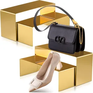 Ferraycle 4 Pieces Gold Metal Handbag Display Risers Stainless Steel Purse Display Stand Perfume Stand Golden Perfume Rack for Retail Shoe Table Store Bag Jewelry Countertop Organizer, 2 Sizes