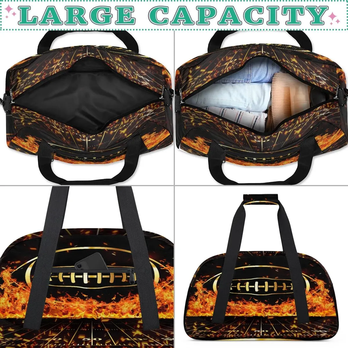 Fire Football Kids Overnighter Duffel Bags for Boys Girls, Carry-On Size Sports Gym Bag for School Practice or Overnight Travel Weekender Sleepover Workout Tote Bag